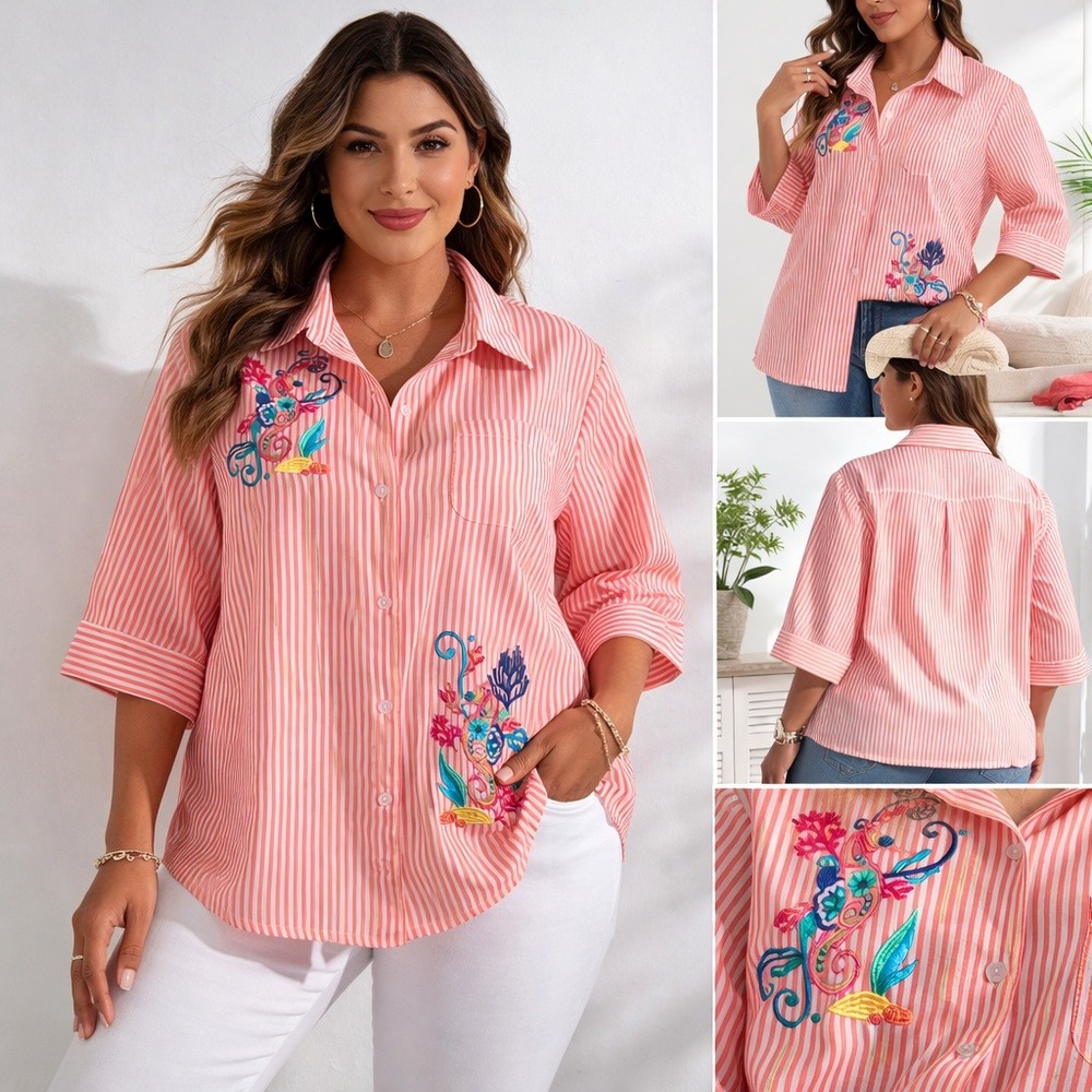 Blair Womens 2XL Peach White Striped‎ Seahorse Embroidered Button Down Shirt